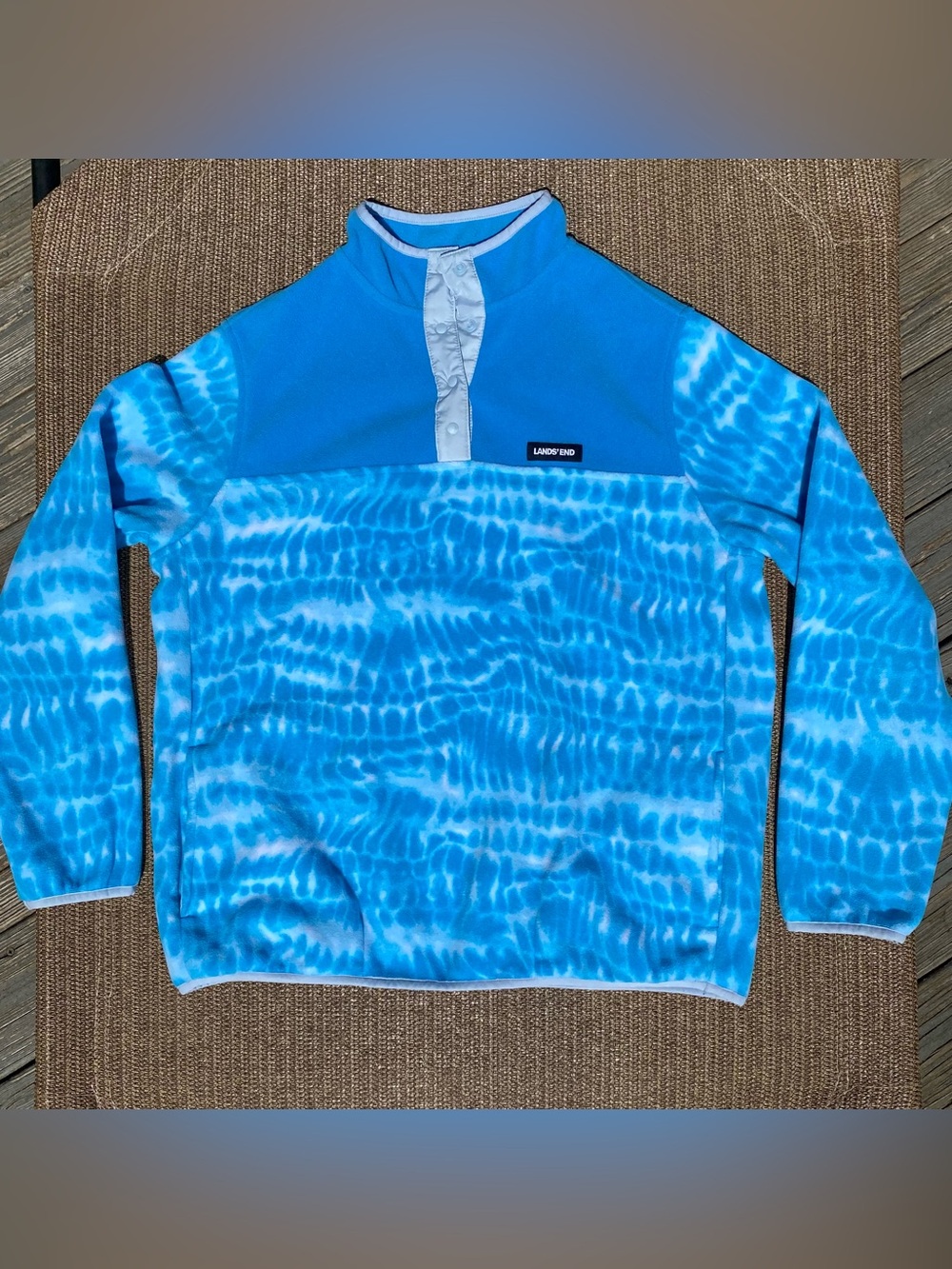 Lands' End Blue Tie Dye Fleece Snap Pullover Unisex Large 14-16